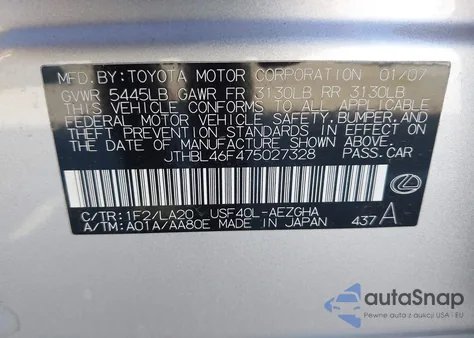 2007 Lexus Ls 460 z USA, uszkodzony, nr VIN JTHBL46F475027328